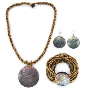 NEW Carved Grey Shell Pendant, Seed Bead Necklace, Bracelet, & Earrings Set